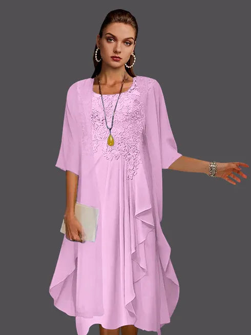 Two-Piece A-Line Chiffon Lace Sleeveless Jacket Dress with Pleats and Appliques