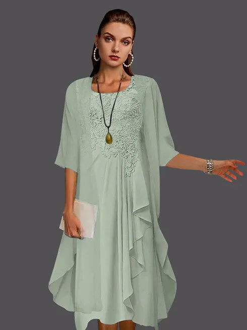 Two-Piece A-Line Chiffon Lace Sleeveless Jacket Dress with Pleats and Appliques
