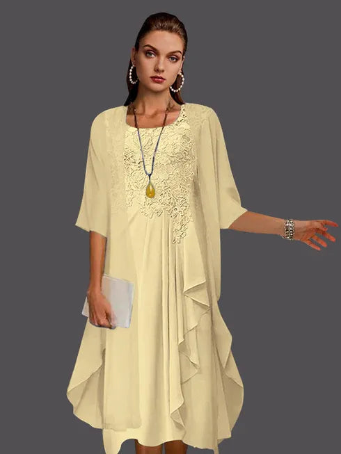 Two-Piece A-Line Chiffon Lace Sleeveless Jacket Dress with Pleats and Appliques