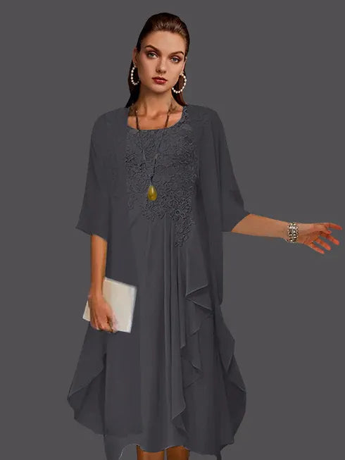 Two-Piece A-Line Chiffon Lace Sleeveless Jacket Dress with Pleats and Appliques