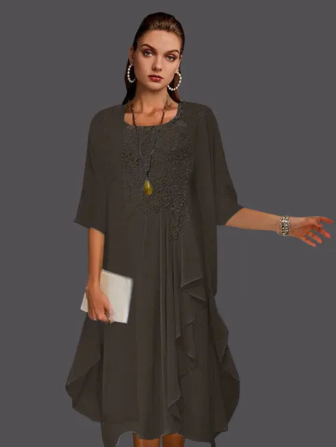 Two-Piece A-Line Chiffon Lace Sleeveless Jacket Dress with Pleats and Appliques