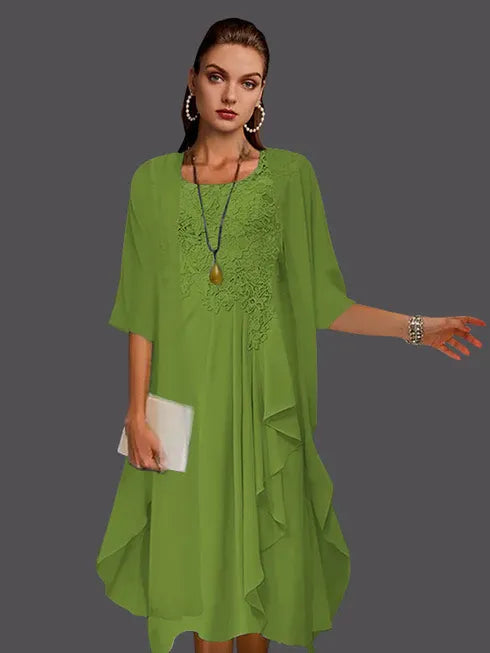 Two-Piece A-Line Chiffon Lace Sleeveless Jacket Dress with Pleats and Appliques
