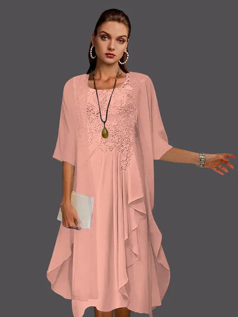 Two-Piece A-Line Chiffon Lace Sleeveless Jacket Dress with Pleats and Appliques
