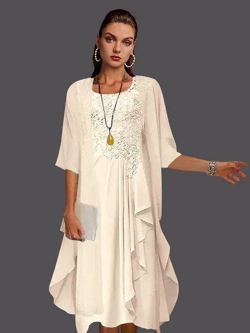 Two-Piece A-Line Chiffon Lace Sleeveless Jacket Dress with Pleats and Appliques