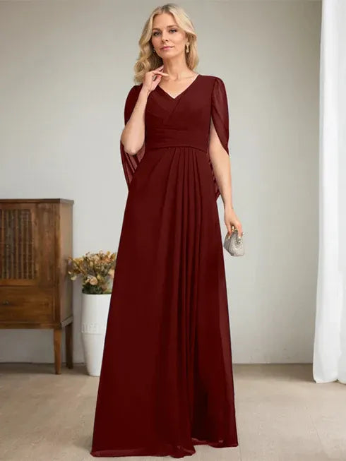 Dark Navy A-Line V-Neck Long Mother of the Bride Dress