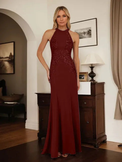 Dusty Blue Sheath Halter Mother of the Bride Dress with Appliqué Details