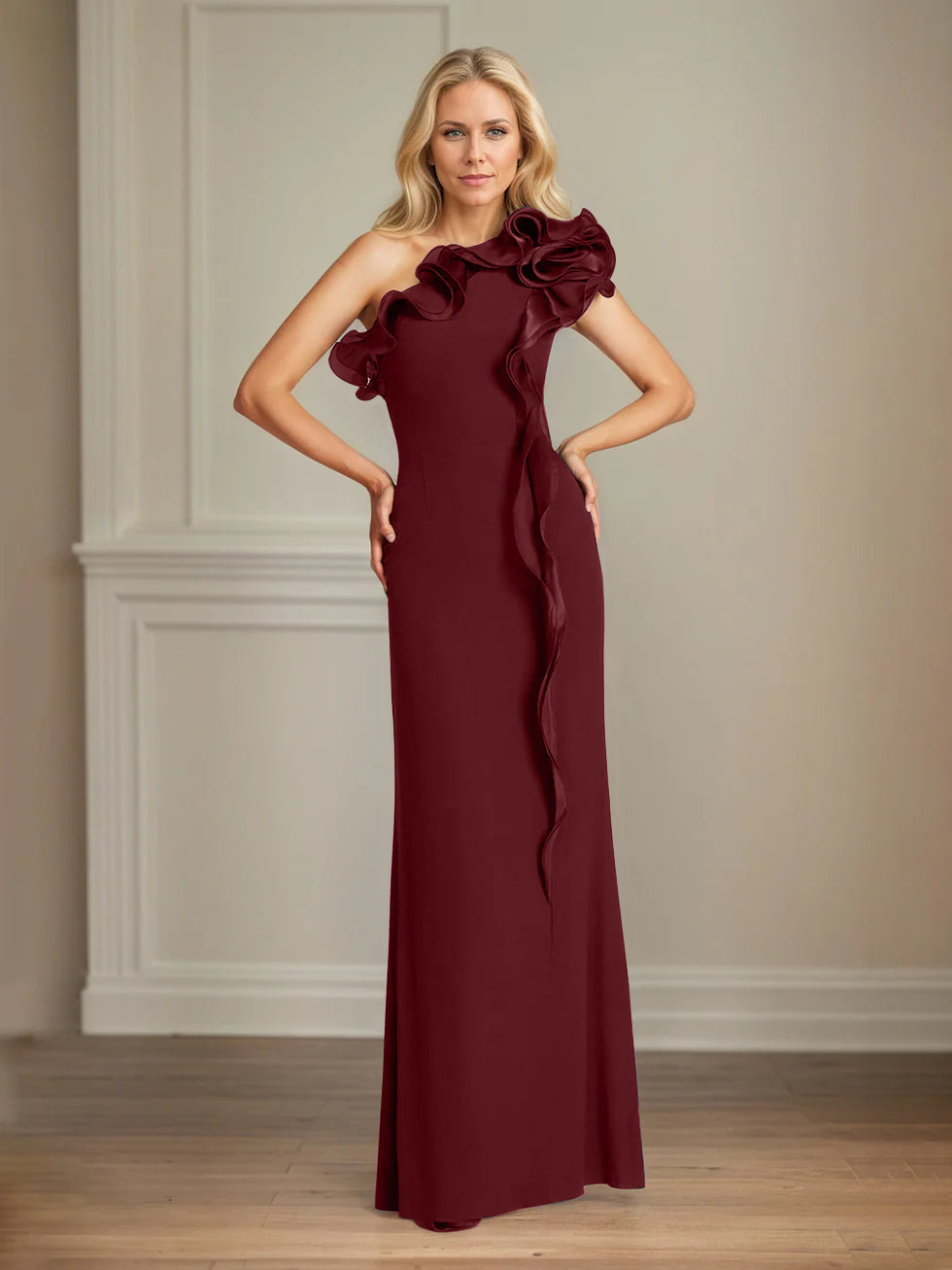 Navy Stretch Crepe One-Shoulder Sheath Dress with Ruffles – Floor-Length Mother of the Bride Gown
