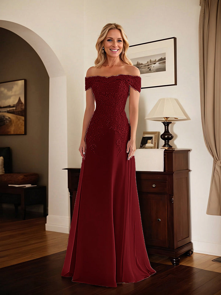 Elegant Taupe Off-the-Shoulder Lace Sheath Dress for Mother of the Bride