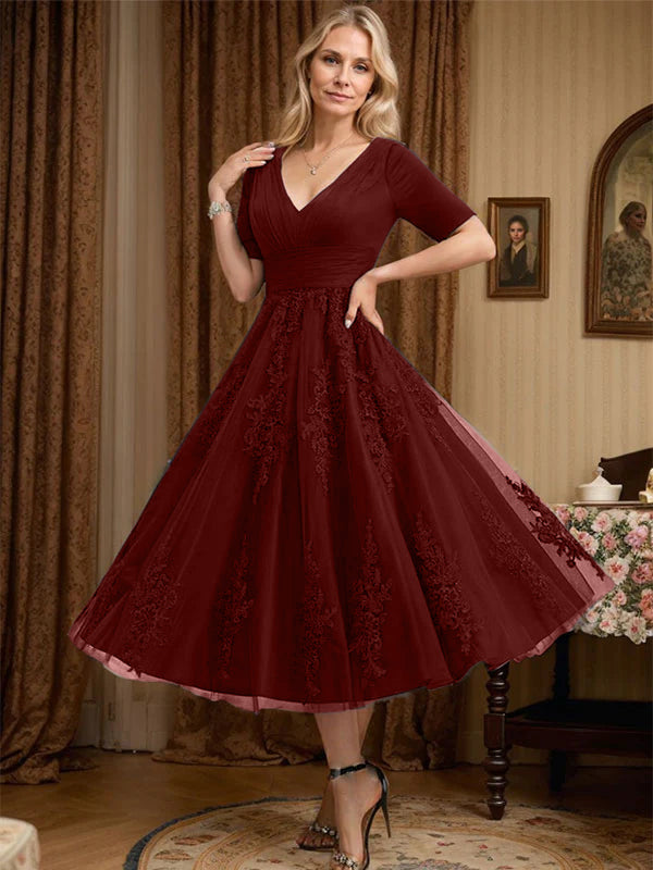 A-Line V-Neck Tea-Length Tulle Lace Mother of the Bride Dress with Pleats