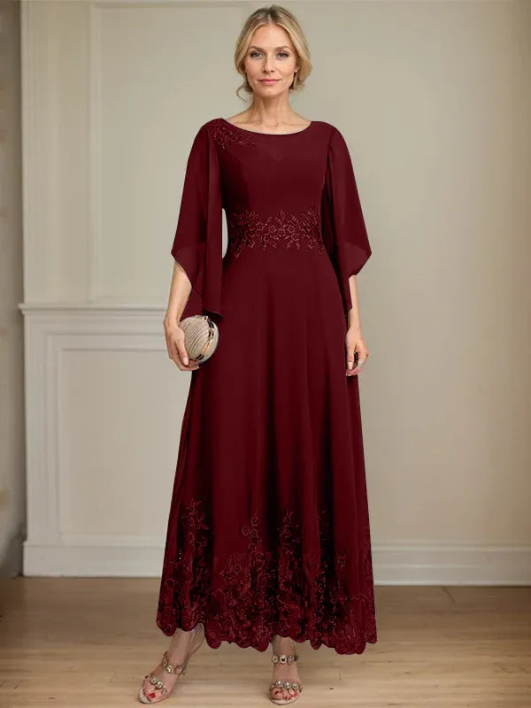 A-Line Scoop Neck Illusion Lace Chiffon Mother of the Bride Dress with Sequins and Ankle-Length Hem