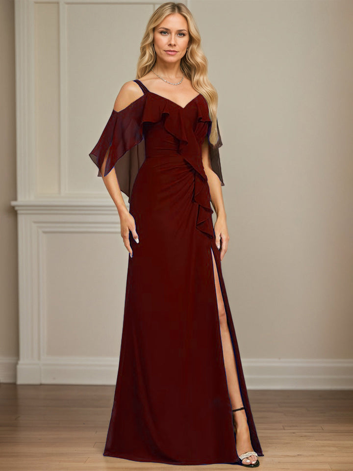 Sheath/Column Cold Shoulder V-Neck Floor-Length Chiffon Dress with Cascading Ruffles, Sequins, and Beading
