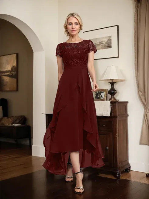 A-Line Scoop Neck Illusion Asymmetrical Chiffon Lace Mother of the Bride Dress with Bow, Ruffle, and Sequins