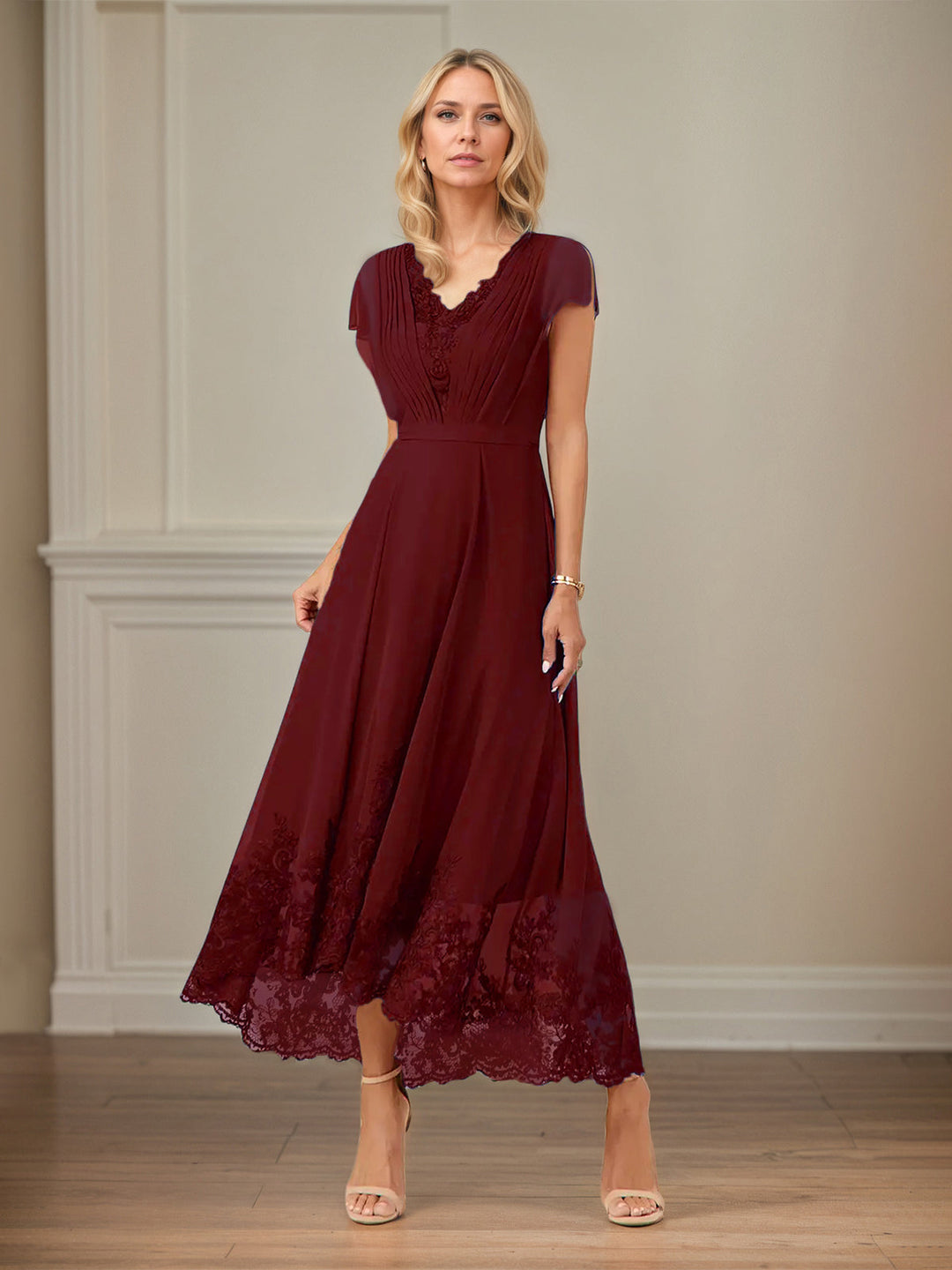A-Line V-Neck Flutter Sleeve Chiffon Dress with Appliques and Ankle Length