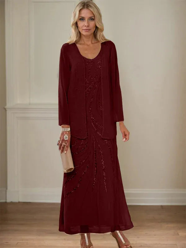 V-Neck Sheath/Mother of the Bride Ankle-Length Dress with Jacket & Sequins