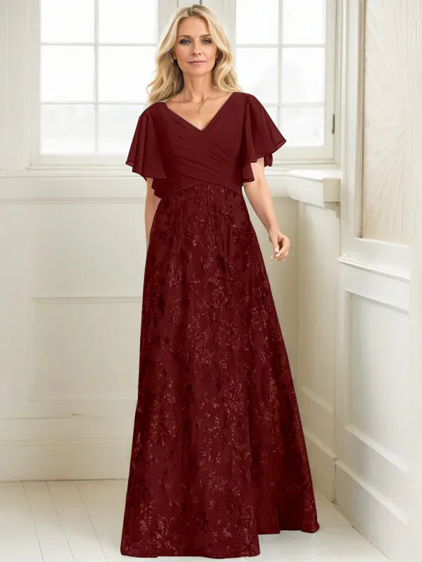 A-Line V-Neck Floor-Length Lace and Sequin Chiffon Mother of the Bride Dress with Pleats