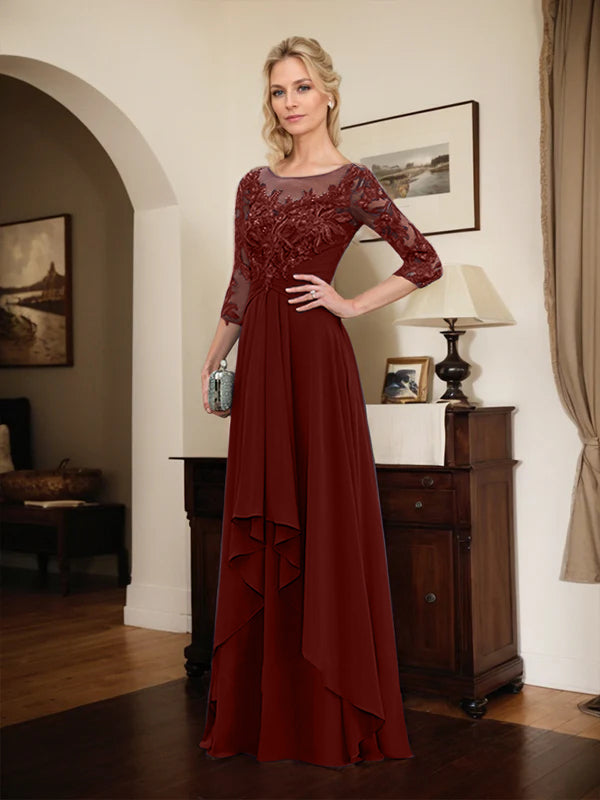 A-Line Scoop Neck Illusion Floor-Length Lace Chiffon Mother of the Bride Dress with Cascading Ruffles