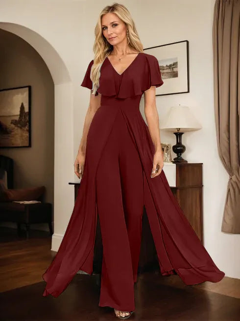 V-Neck Floor-Length Chiffon Jumpsuit/Pantsuit Evening Dress