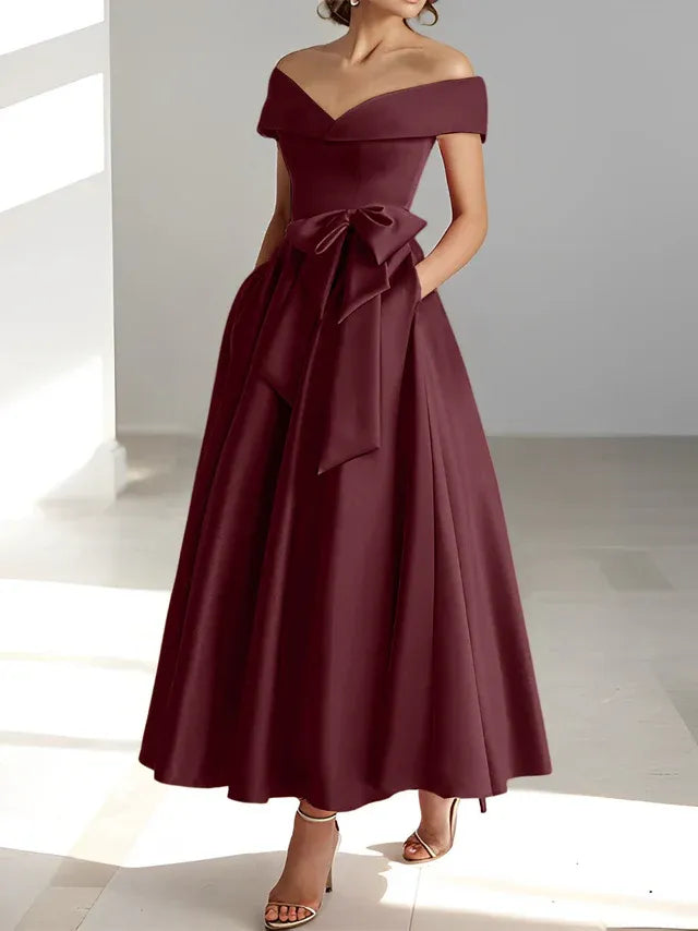 A-Line Off-the-Shoulder Sleeveless Ankle-Length Mother of the Bride Dress with Pockets