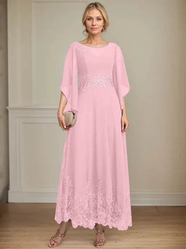 A-Line Scoop Neck Illusion Lace Chiffon Mother of the Bride Dress with Sequins and Ankle-Length Hem