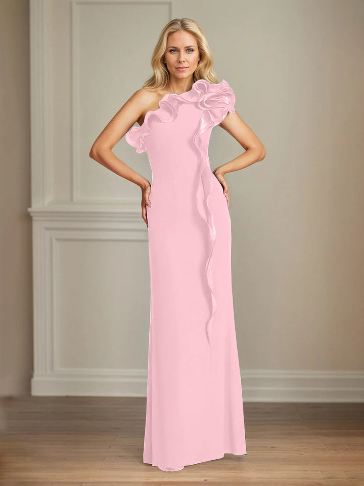 Navy Stretch Crepe One-Shoulder Sheath Dress with Ruffles – Floor-Length Mother of the Bride Gown