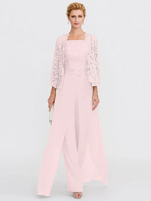 3-Piece Chiffon Square Neck Mother of the Bride Pantsuit Set with Jacket