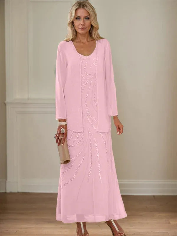 V-Neck Sheath/Mother of the Bride Ankle-Length Dress with Jacket & Sequins