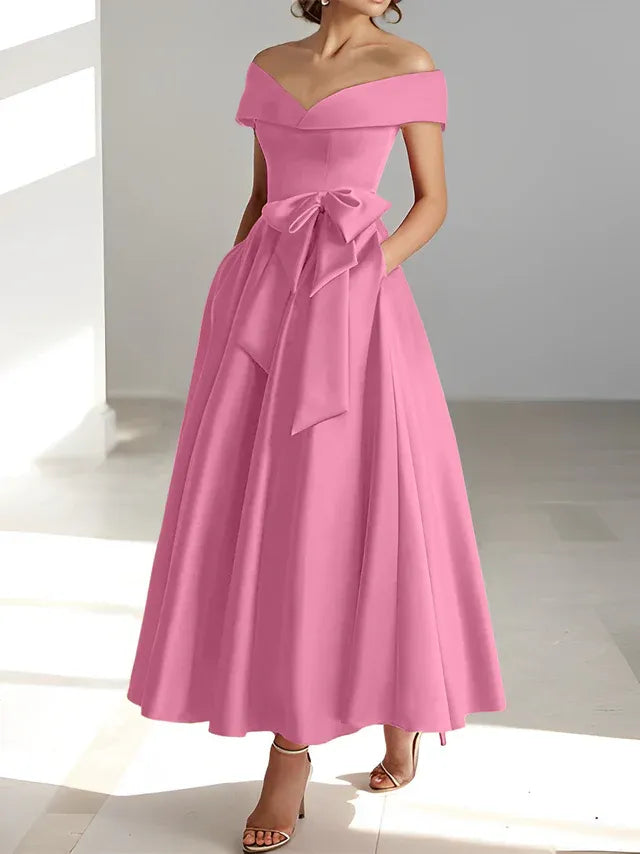 A-Line Off-the-Shoulder Sleeveless Ankle-Length Mother of the Bride Dress with Pockets