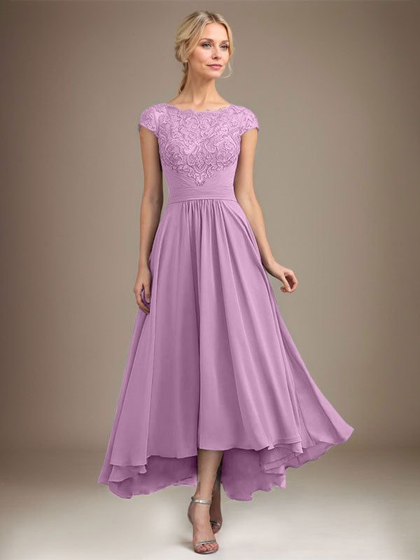A-Line Scoop Neck Illusion Asymmetrical Lace Chiffon Mother of the Bride Dress with Pleats