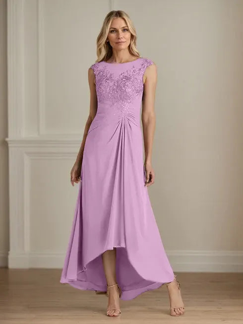 Champagne A-Line Lace and Chiffon Scoop Neck Dress