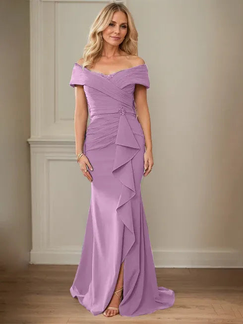 Floor-Length Lace and Chiffon Mother of the Bride Dress with Sheath/Column V-Neck Illusion and Pleated Sequins