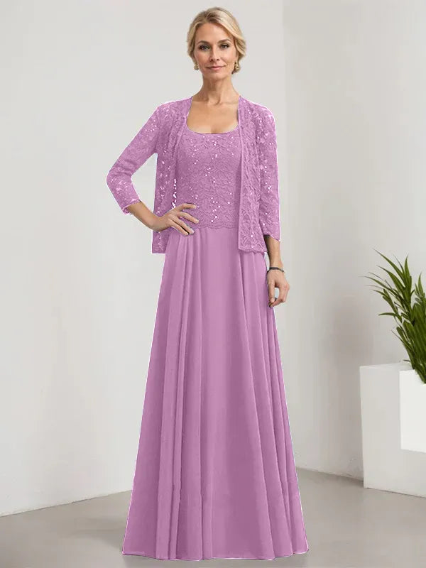 A-Line Square Neck Floor-Length Lace and Chiffon Mother of the Bride Dress with Sequins