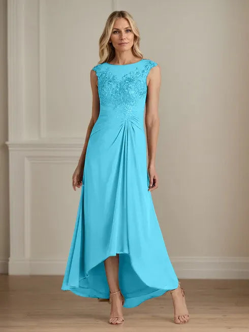 Champagne A-Line Lace and Chiffon Scoop Neck Dress