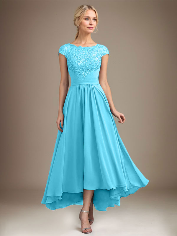 A-Line Scoop Neck Illusion Asymmetrical Lace Chiffon Mother of the Bride Dress with Pleats