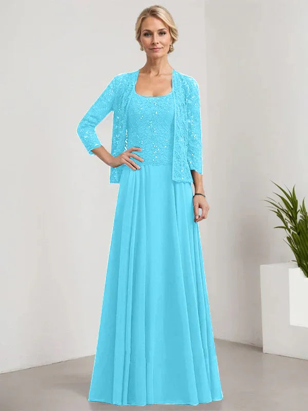 A-Line Square Neck Floor-Length Lace and Chiffon Mother of the Bride Dress with Sequins