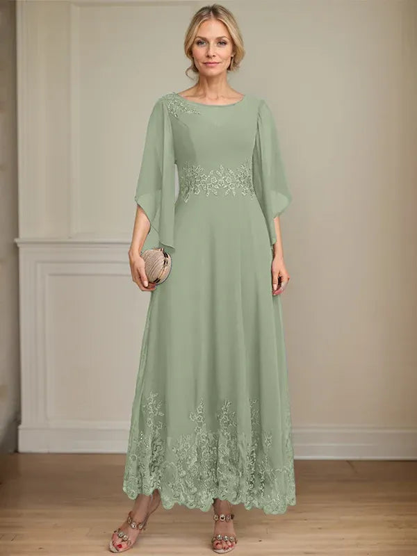 A-Line Scoop Neck Illusion Lace Chiffon Mother of the Bride Dress with Sequins and Ankle-Length Hem