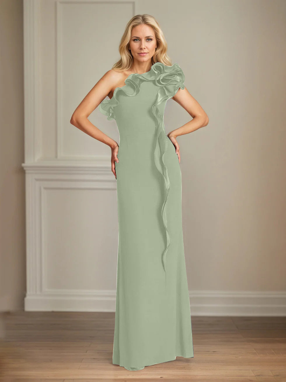 Navy Stretch Crepe One-Shoulder Sheath Dress with Ruffles – Floor-Length Mother of the Bride Gown