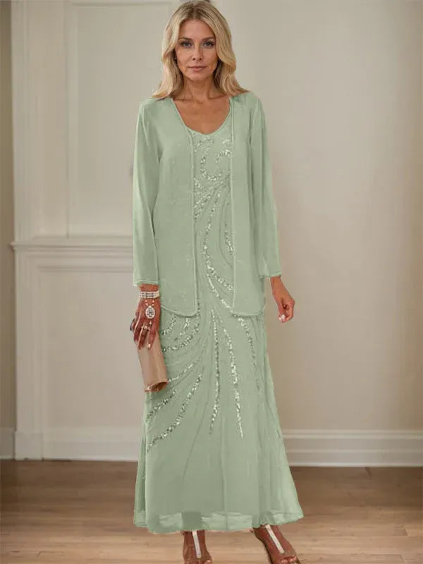 V-Neck Sheath/Mother of the Bride Ankle-Length Dress with Jacket & Sequins