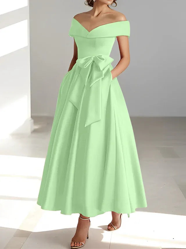A-Line Off-the-Shoulder Sleeveless Ankle-Length Mother of the Bride Dress with Pockets