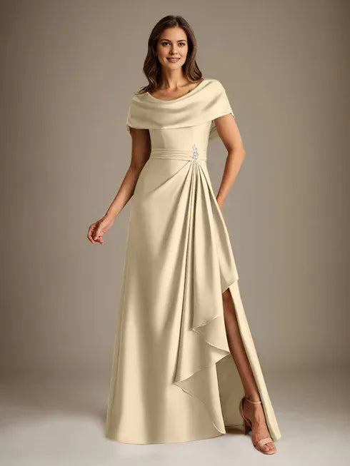 A-Line Scoop Neck Floor-Length Stretch Satin Mother of the Bride Dress with Cascading Ruffles