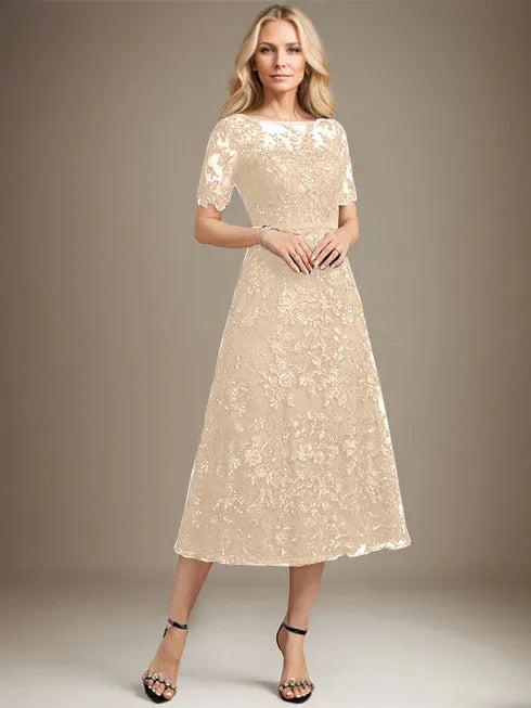 A-Line Scoop Neck Illusion Tea-Length Lace Mother of the Bride Dress with Sequins