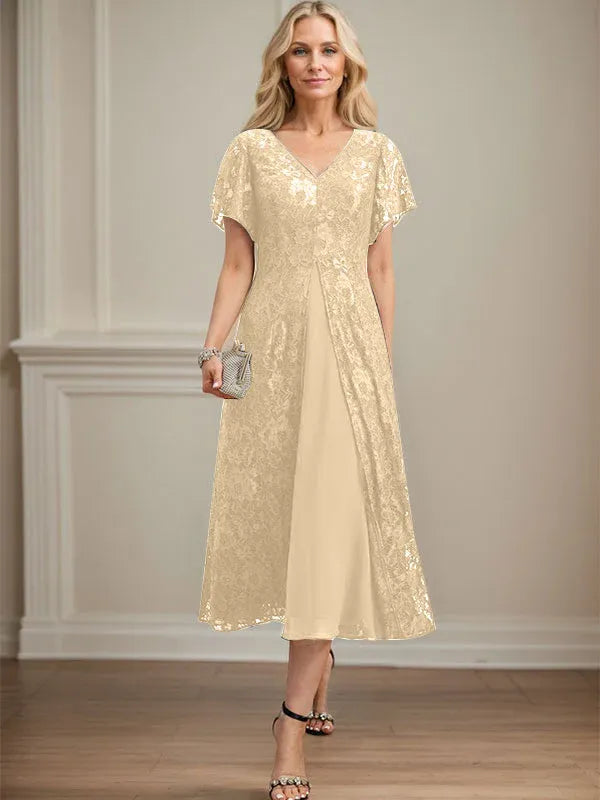 A-Line V-Neck Tea-Length Lace Chiffon Mother of the Bride Dress