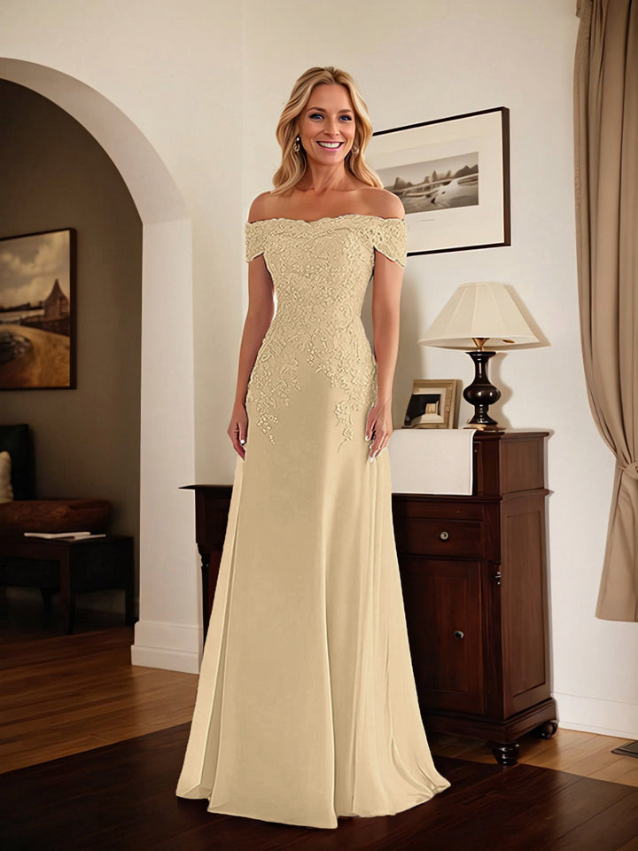 Elegant Taupe Off-the-Shoulder Lace Sheath Dress for Mother of the Bride