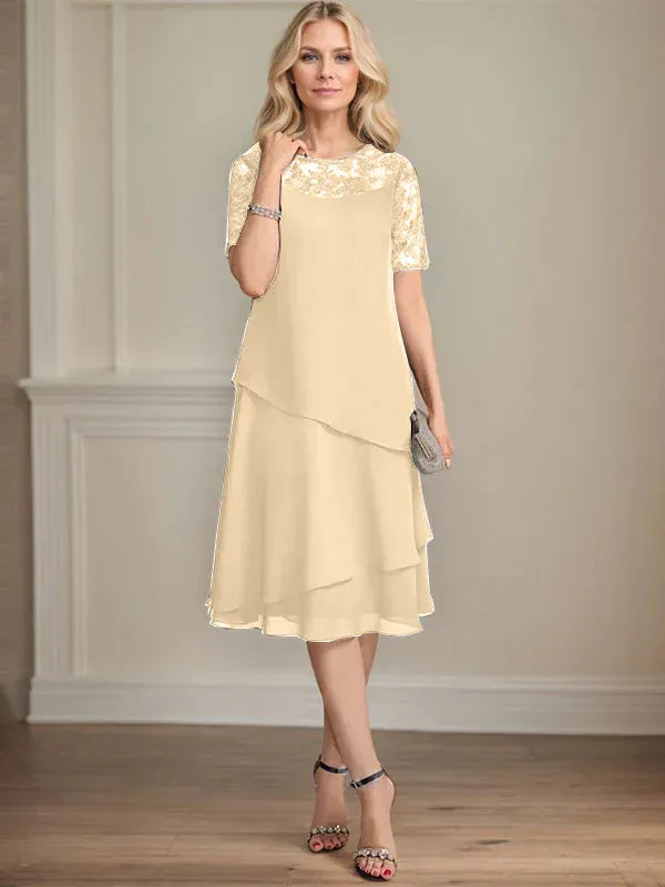 A-Line Scoop Neck Illusion Knee-Length Lace Chiffon Mother of the Bride Dress with Sequins