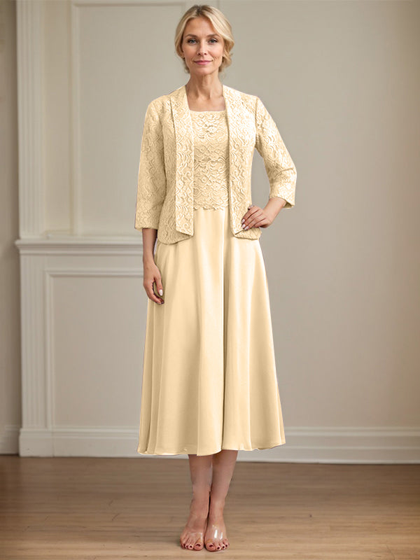 A-Line Scoop Neck Tea-Length Lace Chiffon Mother of the Bride Dress