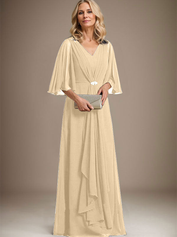 A-Line V-Neck Floor-Length Chiffon Mother of the Bride Dress with Cascading Ruffles and Crystal Brooch
