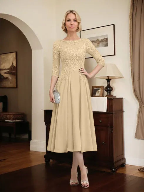 A-Line Scoop Neck Illusion Tea-Length Chiffon and Lace Mother of the Bride Dress with Beading and Sequins