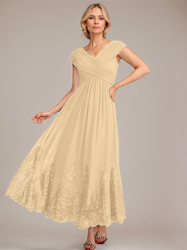 A-Line V-Neck Chiffon Mother of the Bride Dress with Appliqué and Sequins, Ankle-Length