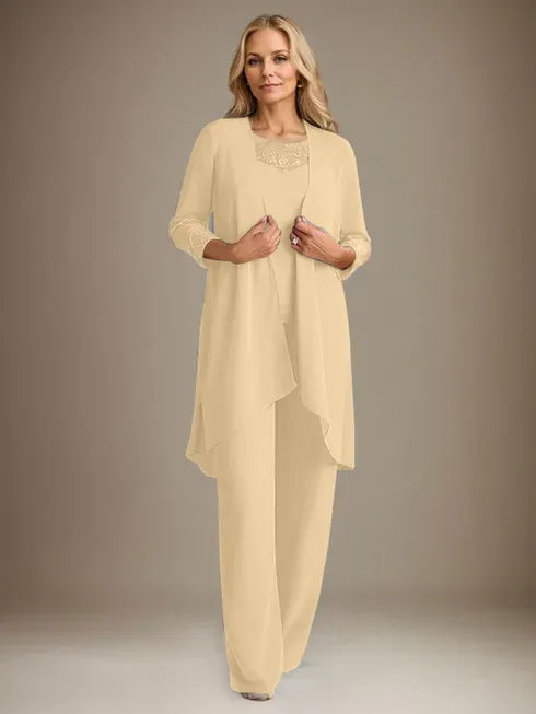 Chiffon Scoop Neck Long Sleeve Mother of the Bride Pantsuit with Jacket