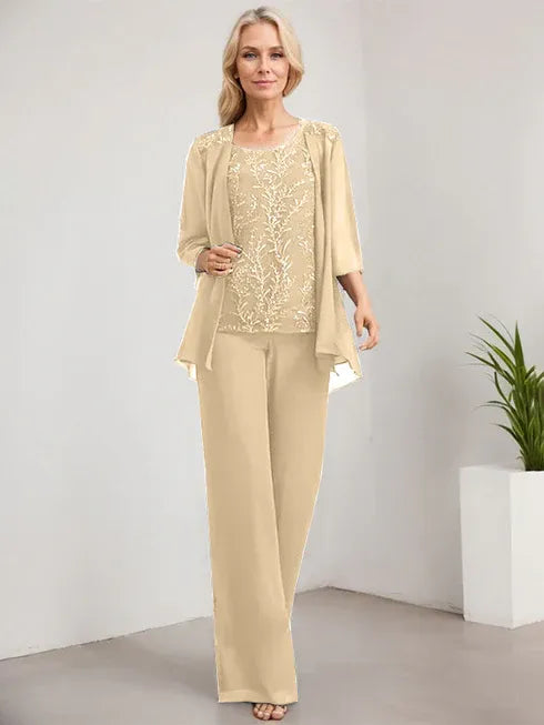Floor-Length Lace Chiffon Mother of the Bride Jumpsuit/Pantsuit with Scoop Neck and Sequins