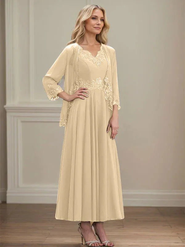 A-Line V-Neck Chiffon Mother of the Bride Dress with Sequins, Appliques, Lace, and Beading at Ankle Length